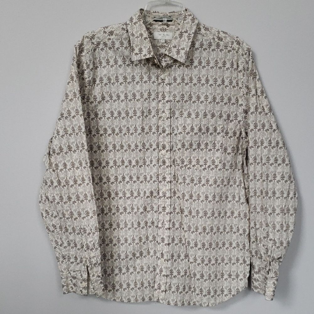 Ted Baker London Casual Shirt Mens S Cream and Brown Patterned Button Up